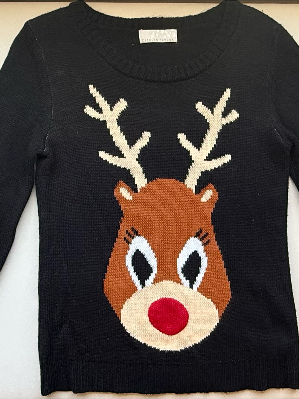 Carolyn Taylor Black Sweater with Reindeer Face (Brown, Cream, Red)